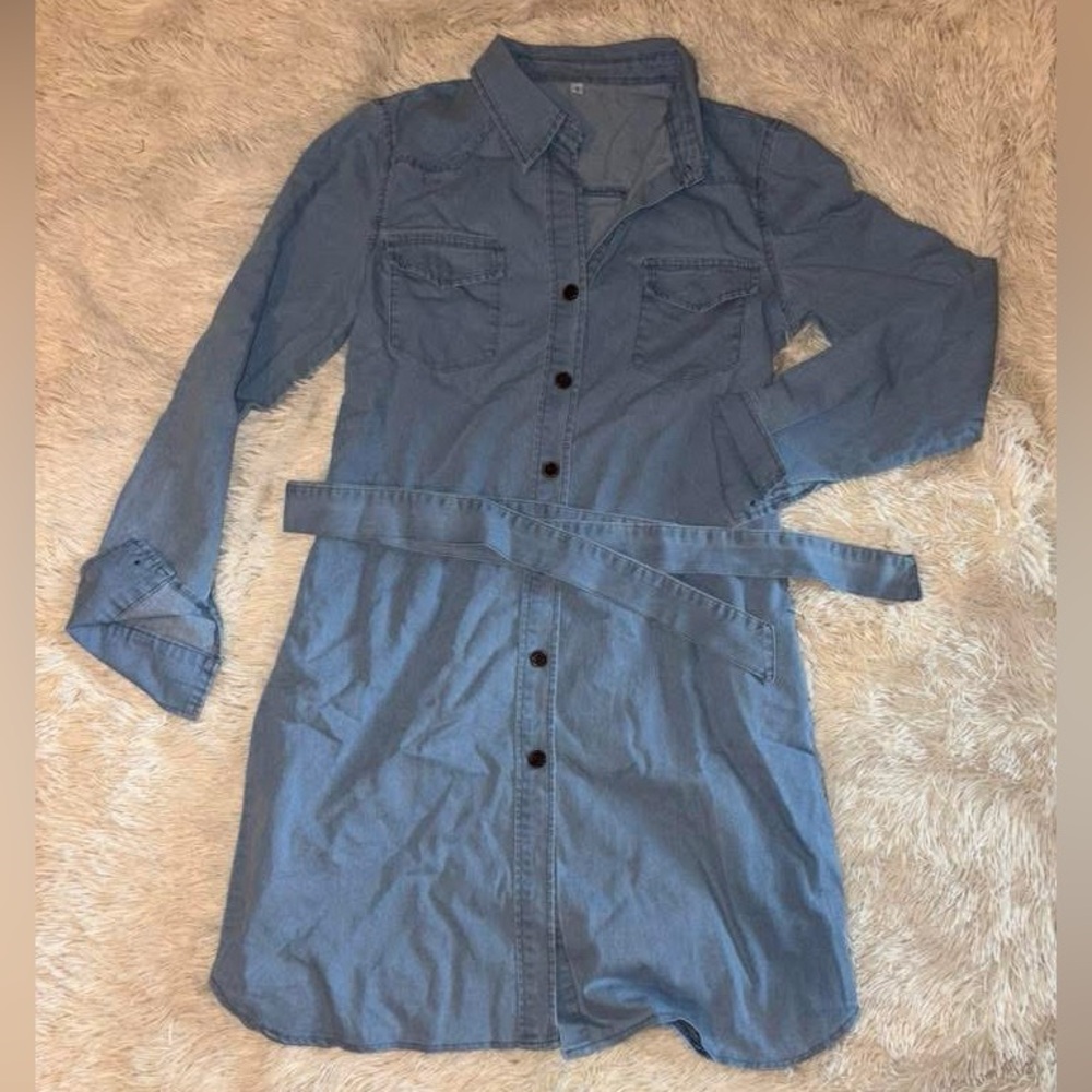 Light Blue Denim Shirt Dress with Belt